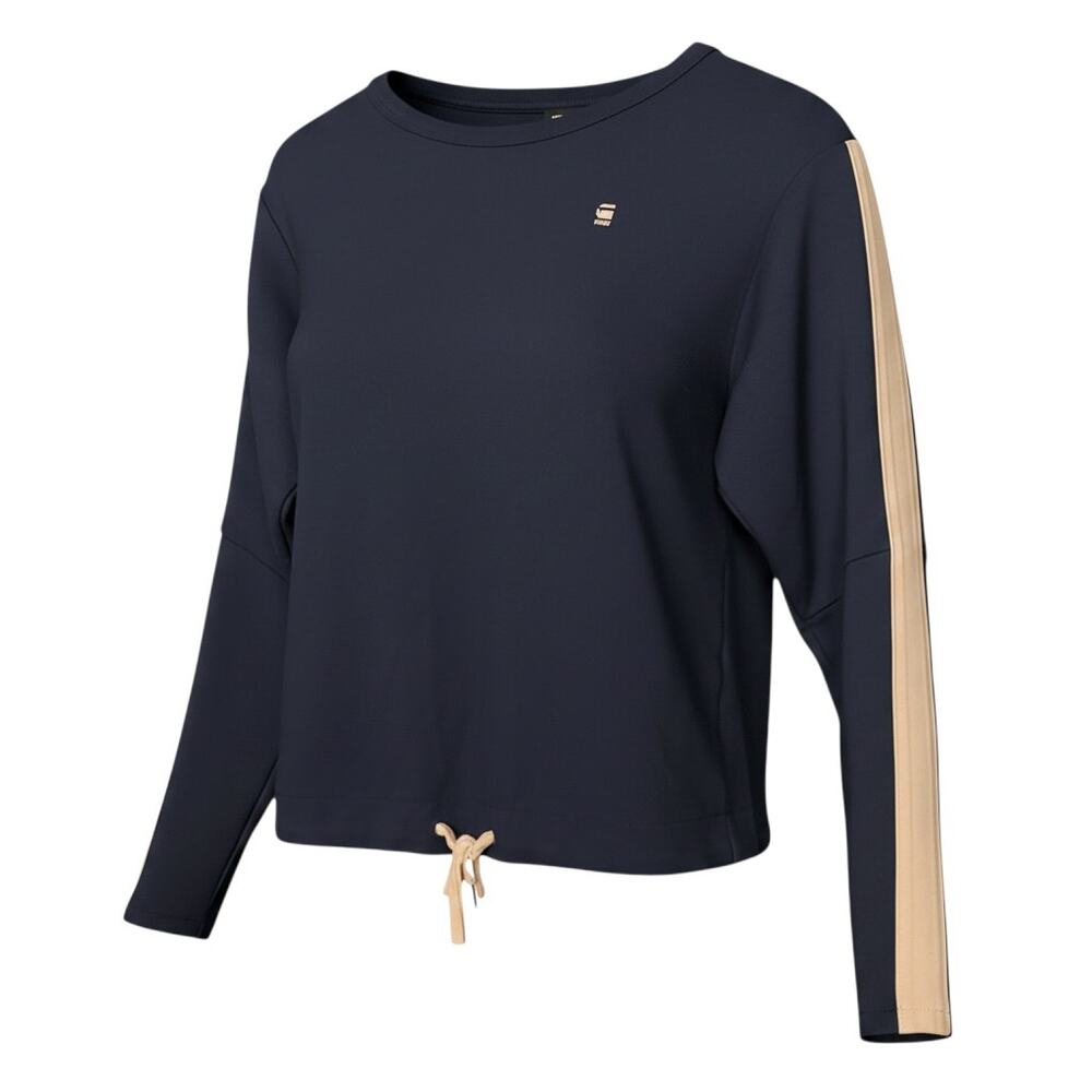 G-Star Raw Women's Medium Blue White Arm Stripe Cropped Drawstring Hem Crewneck